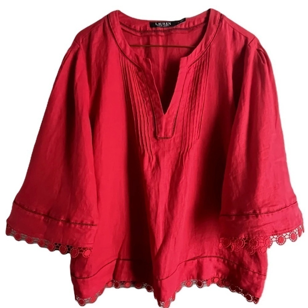 Lauren Ralph Lauren Linen Red V-Neck Peasant Top Embroidered Trim Sleeves Size M - Picture 2 of 8